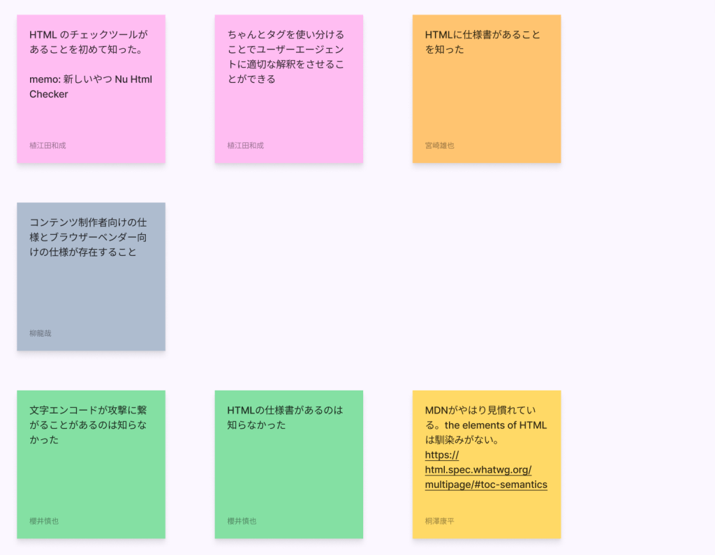 バックエンドの人の感想が多かった回の輪読会のFigjamのスクリーンショット。
付箋が7枚貼られていて以下の内容が記載されている
「HTMLのチェックツールがあることを初めて知った」
「ちゃんとタグを使い分けることでユーザーエージェントに適切な解釈をさせることができる」
「HTMLに仕様書があることを知った」
「コンテンツ制作者向けの仕様とブラウザーベンダー向けの仕様が存在すること」
「文字エンコードが攻撃に繋がることがあるのは知らなかった」
「HTMLの仕様書があるのは知らなかった」
「MDNがやはり見慣れている。the elements of HTMLは馴染みがない。
https://html.spec.whatwg.org/multipage/#toc-semantics」